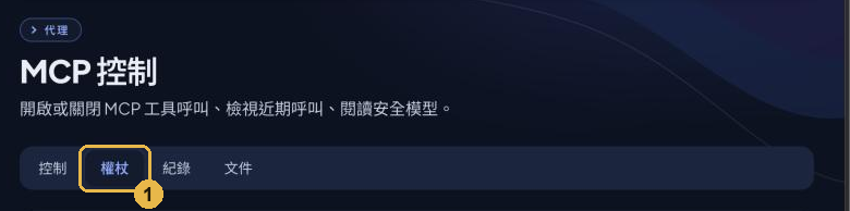 MCP admin page, the Tokens tab (權杖) marked 1